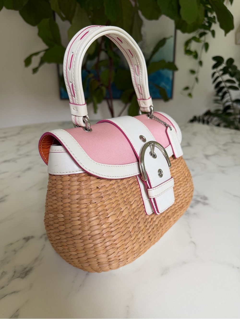 Coach Vintage Y2K Soho Straw Top Handle Basket Satchel Bag 6272 Pink White - Picture 14 of 16